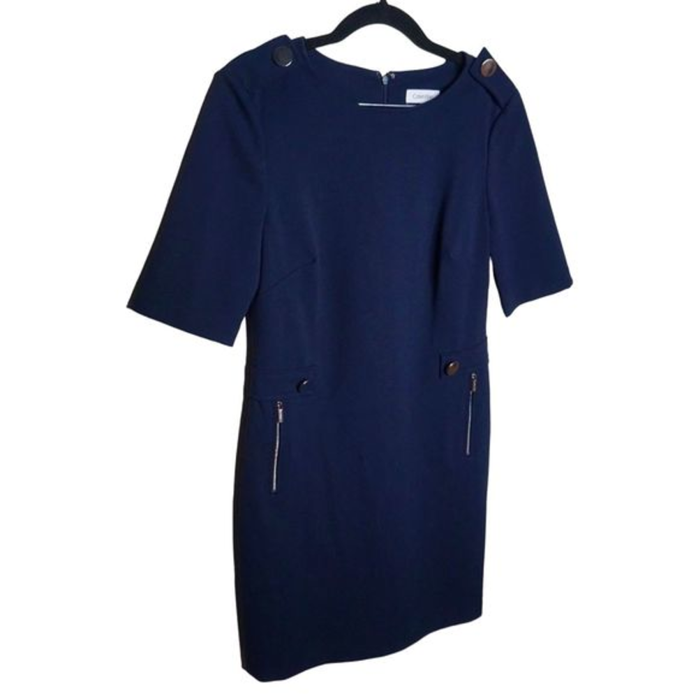 Calvin Klein Women's Sheath‎ Navy Dress Sz 6 Button Short Sleeve Pockets